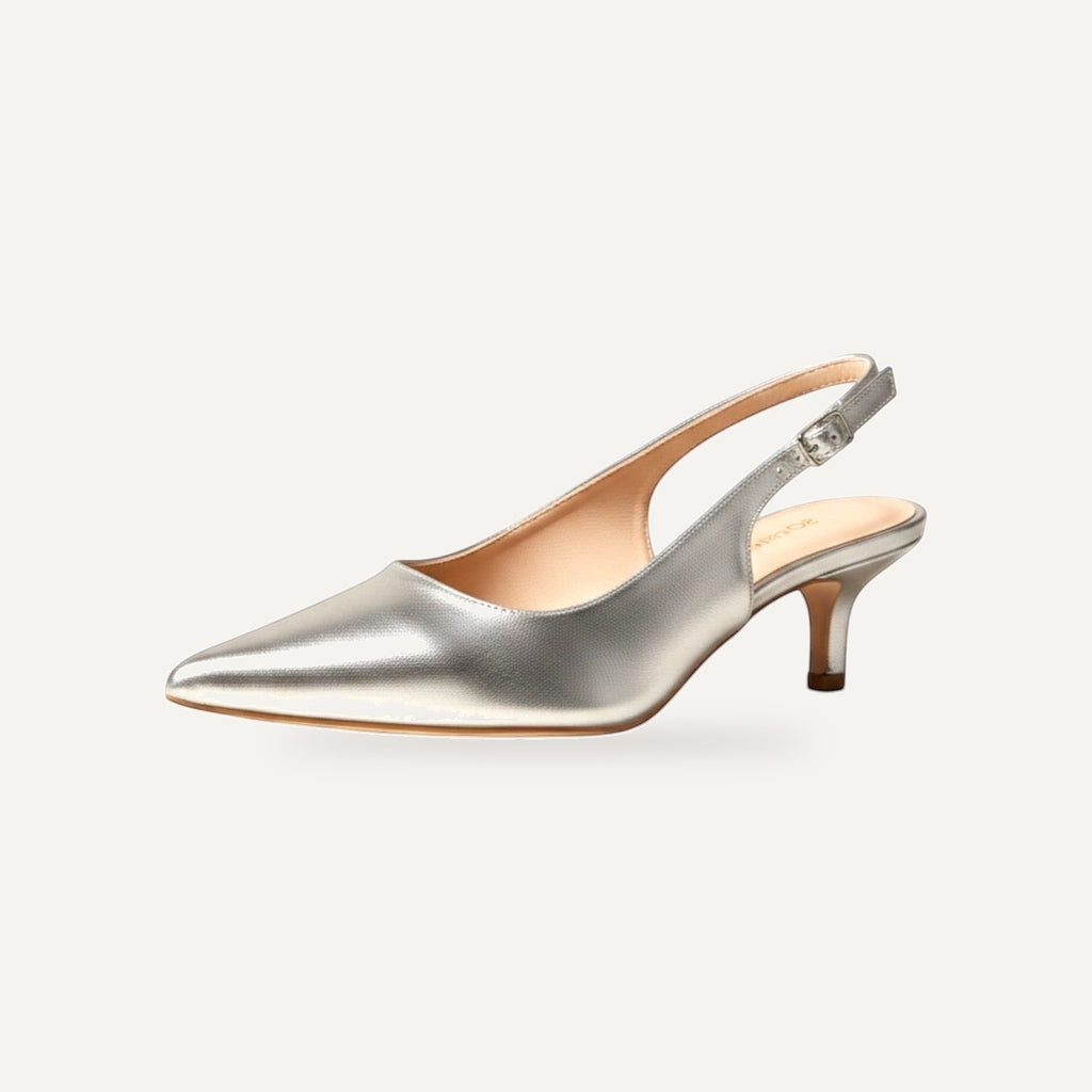 So and Ro silver /gold metallic pointed toe slingback kitten heel with adjustable ankle strap