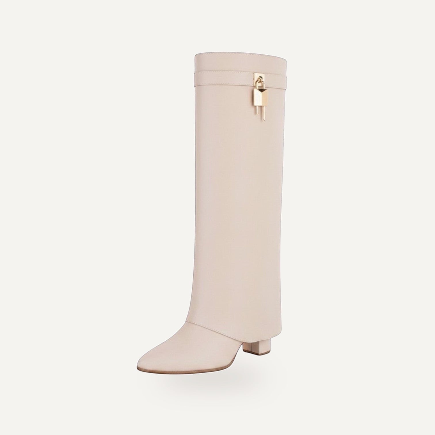 Beige festival laarzen dames met omslag en gouden slotje detail - trendy knee high boots