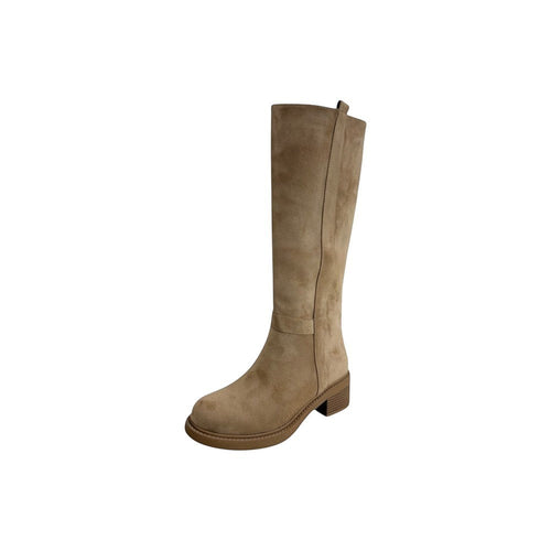 So and Ro beige micro suede knee-high fashion boots with a side zipper and block heel.