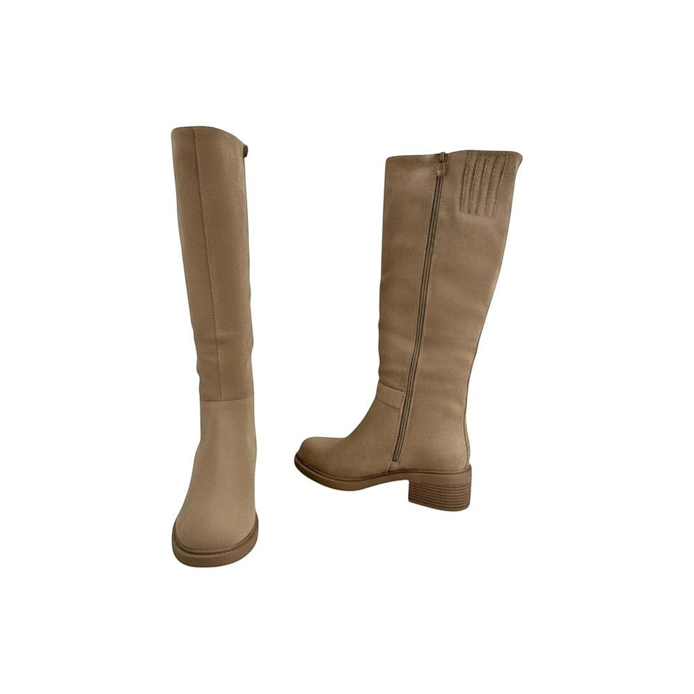 So and Ro beige micro suede knee-high boots with side zipper and block heel.