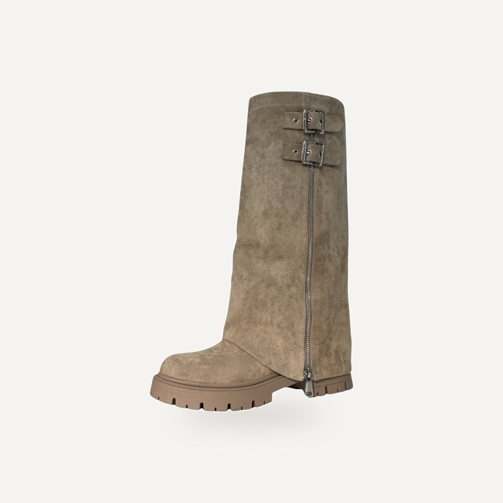 So and Ro beige micro suede tall boots with side zipper and double buckle detail on a lug sole.