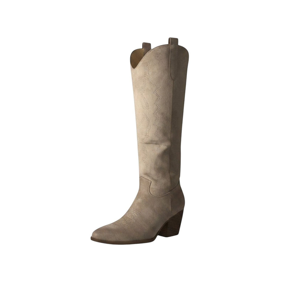So and Ro beige suede-look cowboy boots with intricate stitching and block heel.