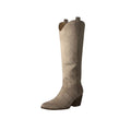 So and Ro beige suede-look cowboy boots with intricate stitching and block heel.