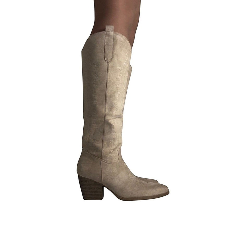 So and Ro beige suede-look cowboy boots with intricate stitching and block heel, knee-high style.