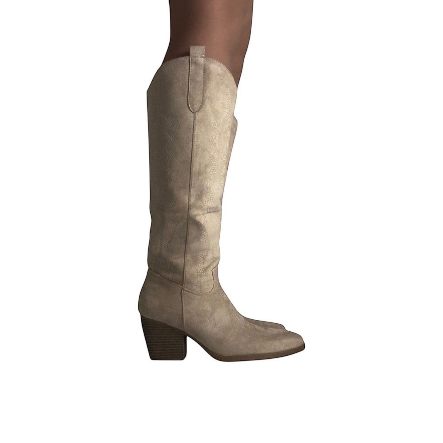 So and Ro beige suede-look cowboy boots with intricate stitching and block heel, knee-high style.
