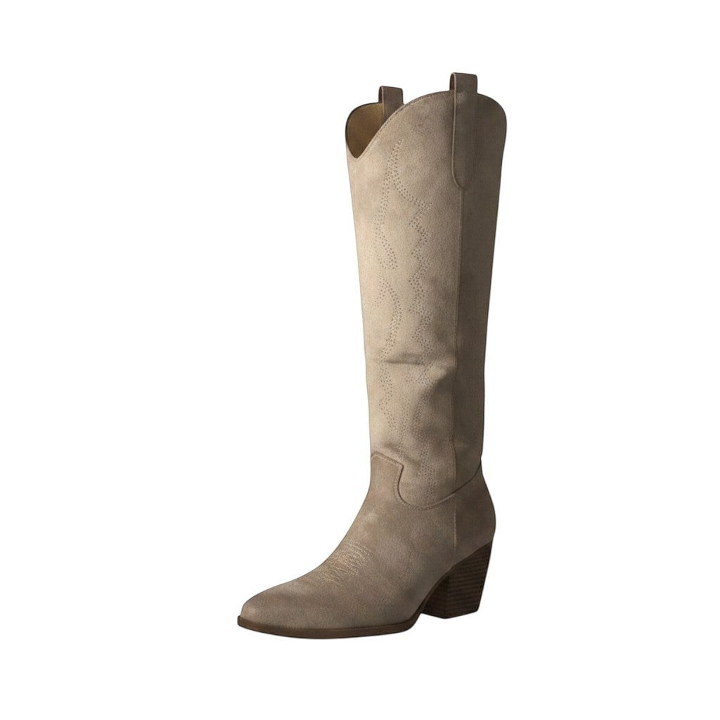 So and Ro beige suede-look cowboy boots with intricate stitching and block heel.