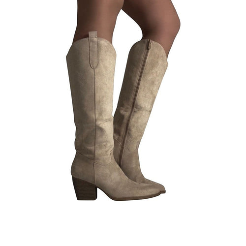 So and Ro beige suede-look cowboy boots with block heel and side zipper, featuring intricate stitching details.