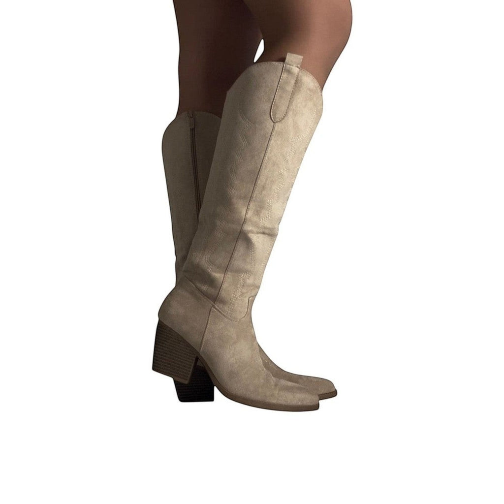 So and Ro beige suede-look cowboy boots with block heel and intricate stitching detail, knee-high.
