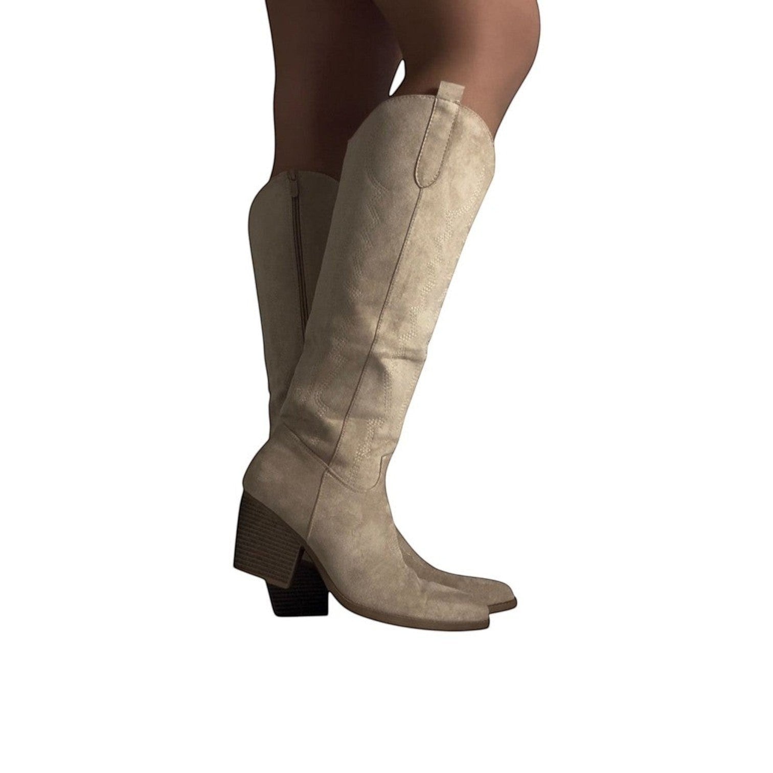 So and Ro beige suede-look cowboy boots with block heel and intricate stitching detail, knee-high.