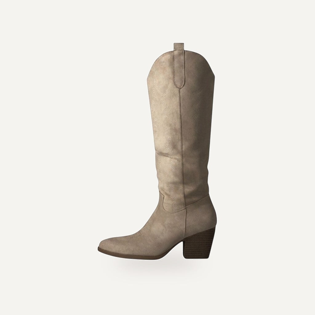 So and Ro beige suede-look knee-high cowboy boots with block heel and stitching details.