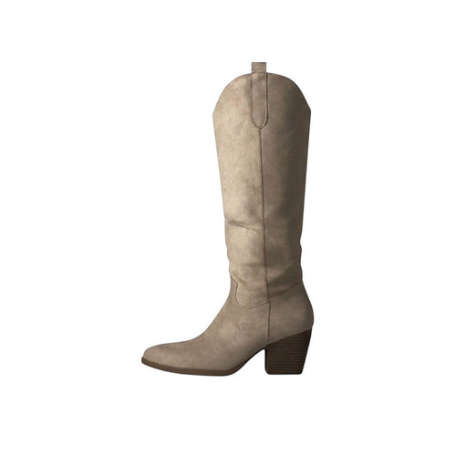 So and Ro beige suede-look knee-high cowboy boots with block heel and stitching details.