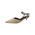 So and Ro beige suede-like pointed toe kitten heels with ankle strap and buckle closure.