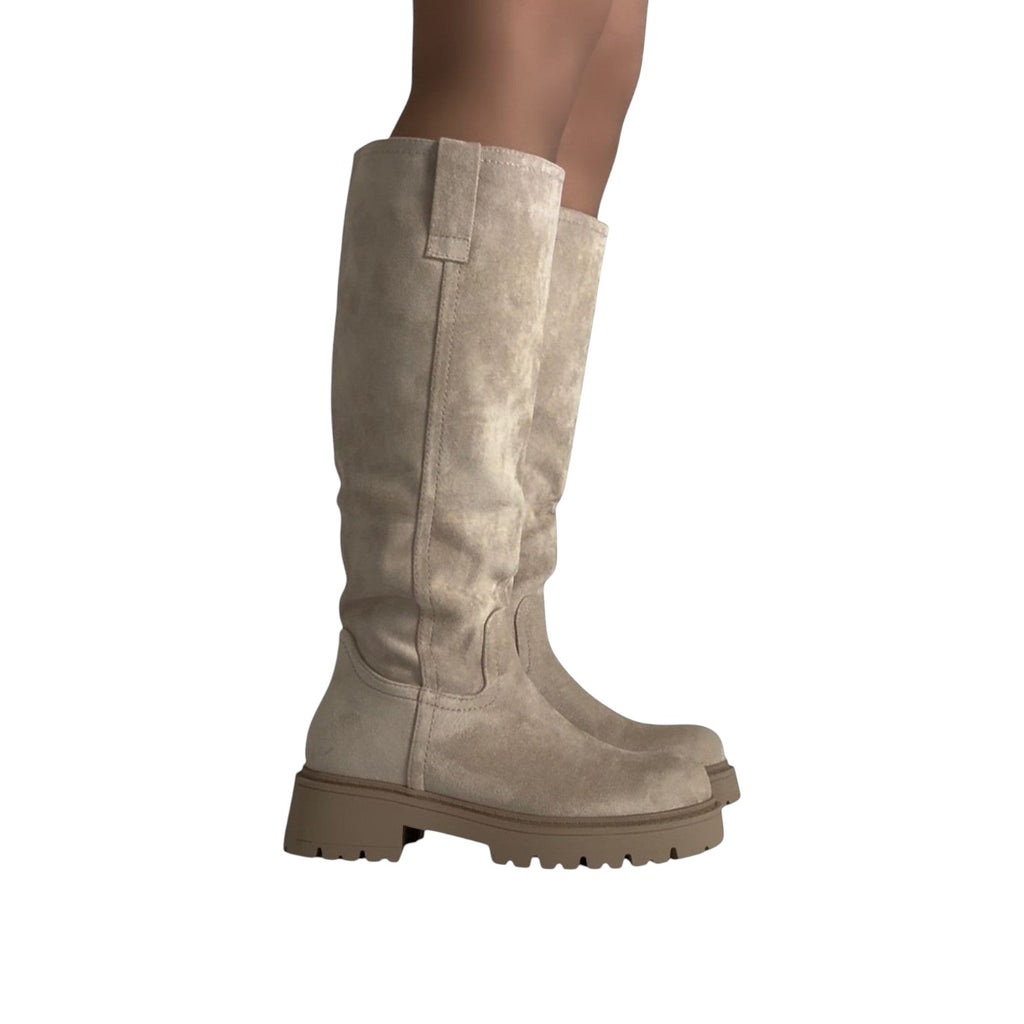 So and Ro beige micro suede knee-high boots with chunky sole and side zipper.