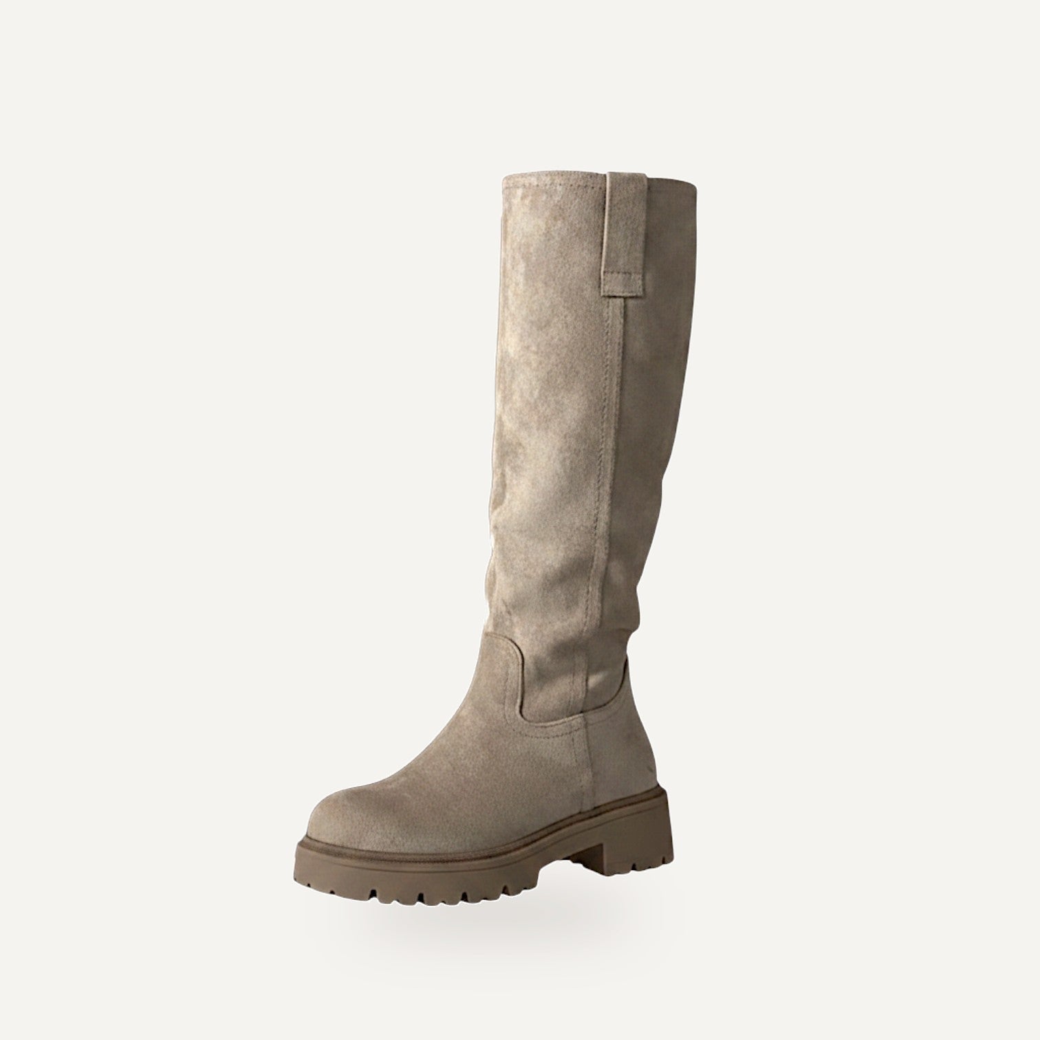 So and Ro beige micro suede knee-high boots with chunky sole and side zipper.