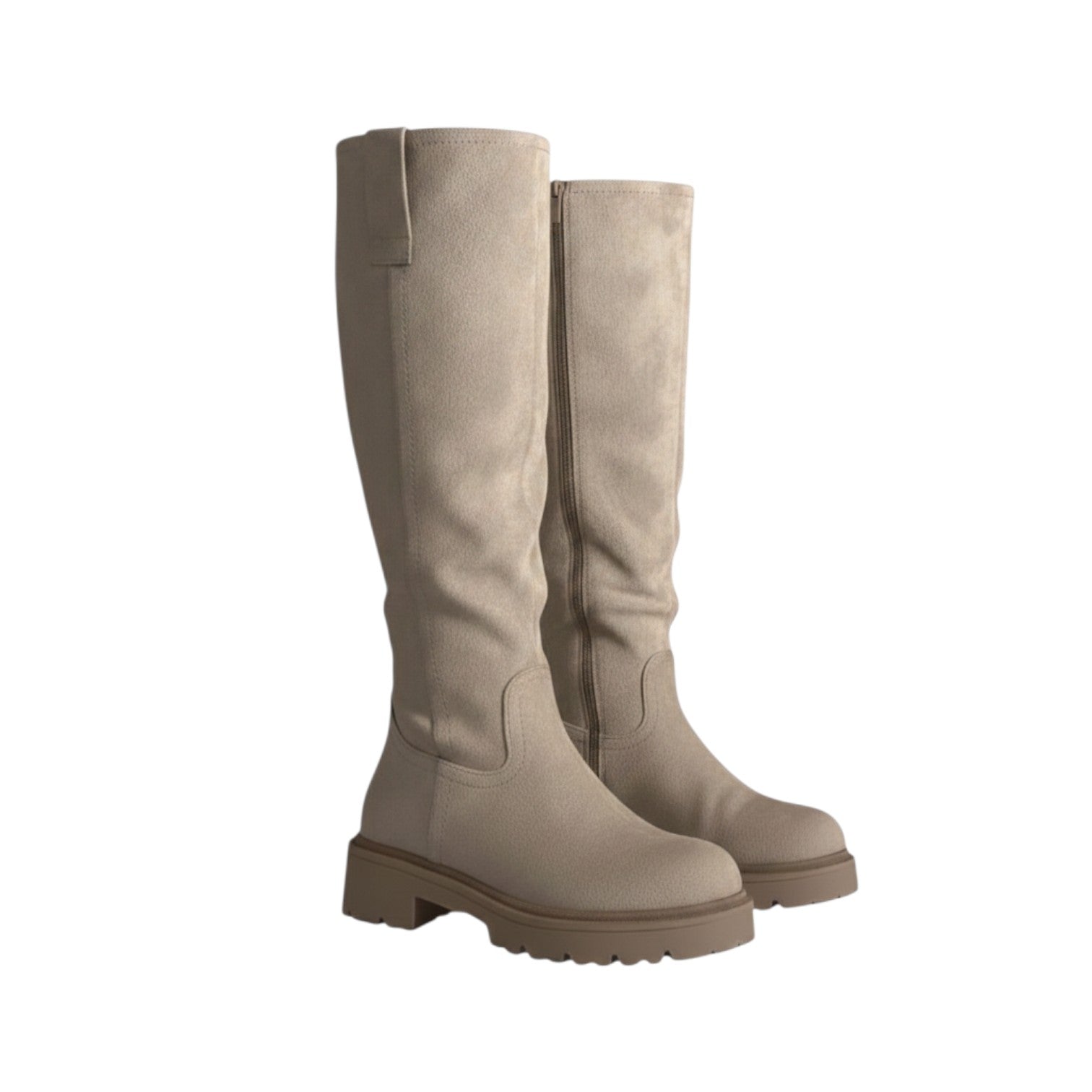 So and Ro beige micro suede knee-high boots with side zipper and chunky sole.