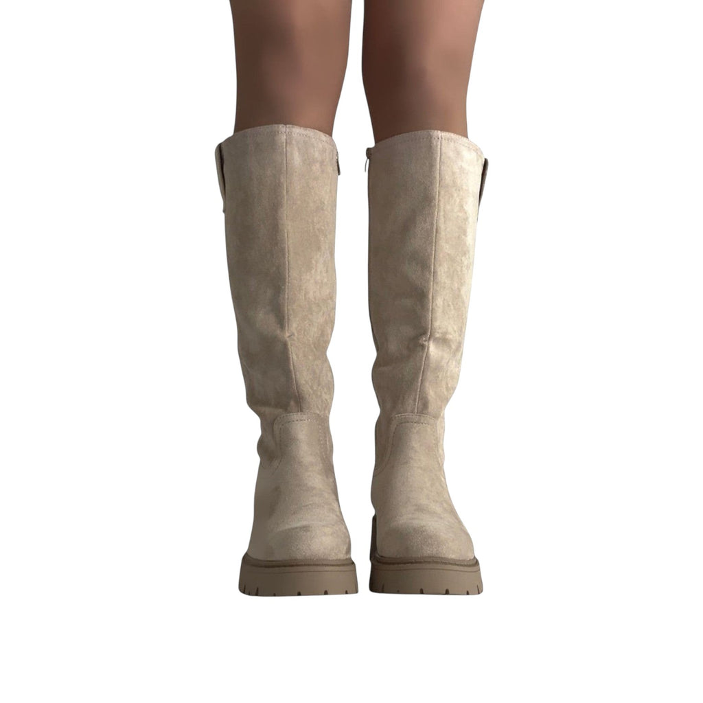 So and Ro beige micro suede knee-high boots with chunky sole and side zipper.