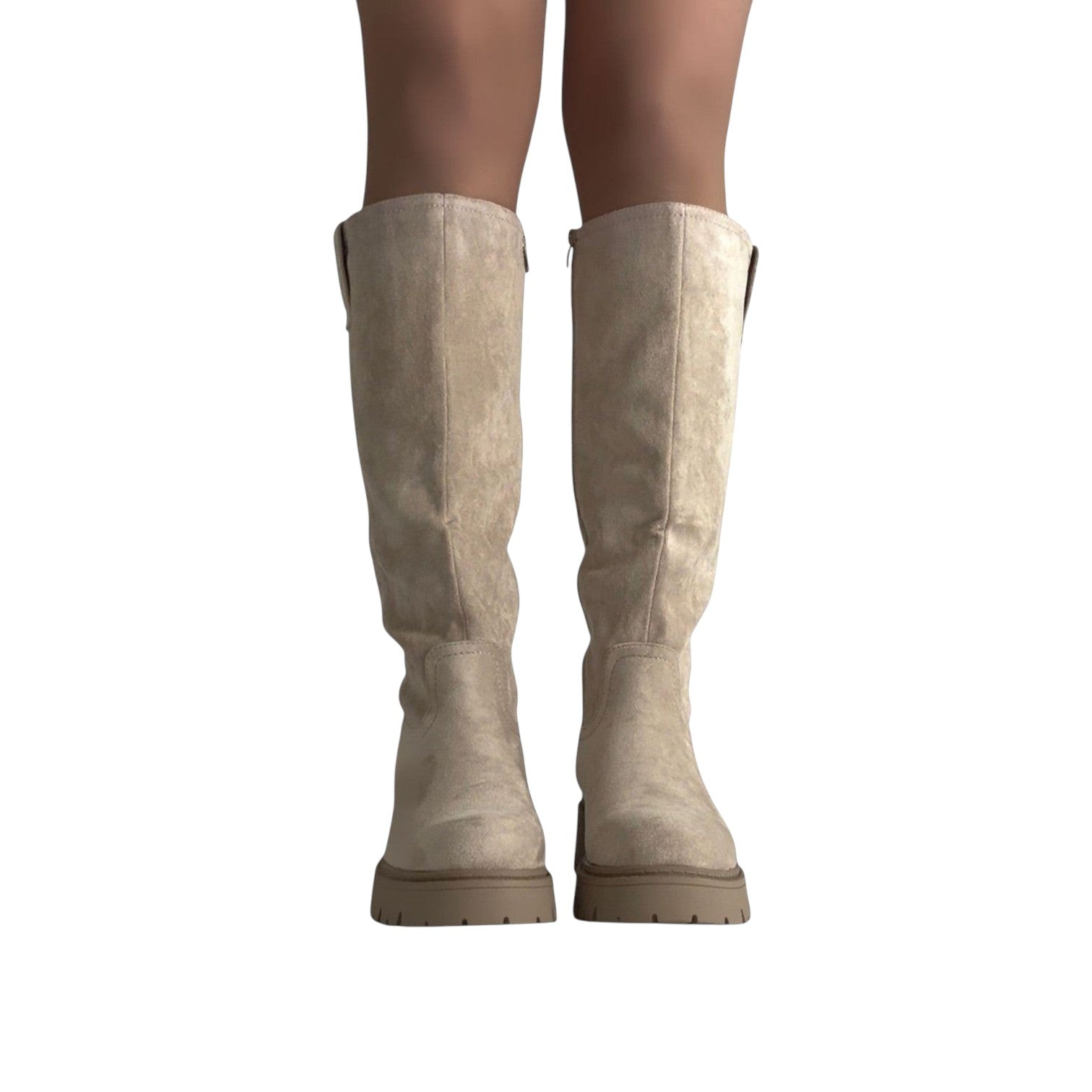 So and Ro beige micro suede knee-high boots with chunky sole and side zipper.