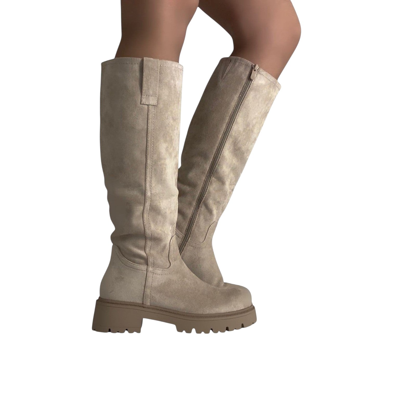So and Ro beige micro suede knee-high boots with chunky sole and side zipper.
