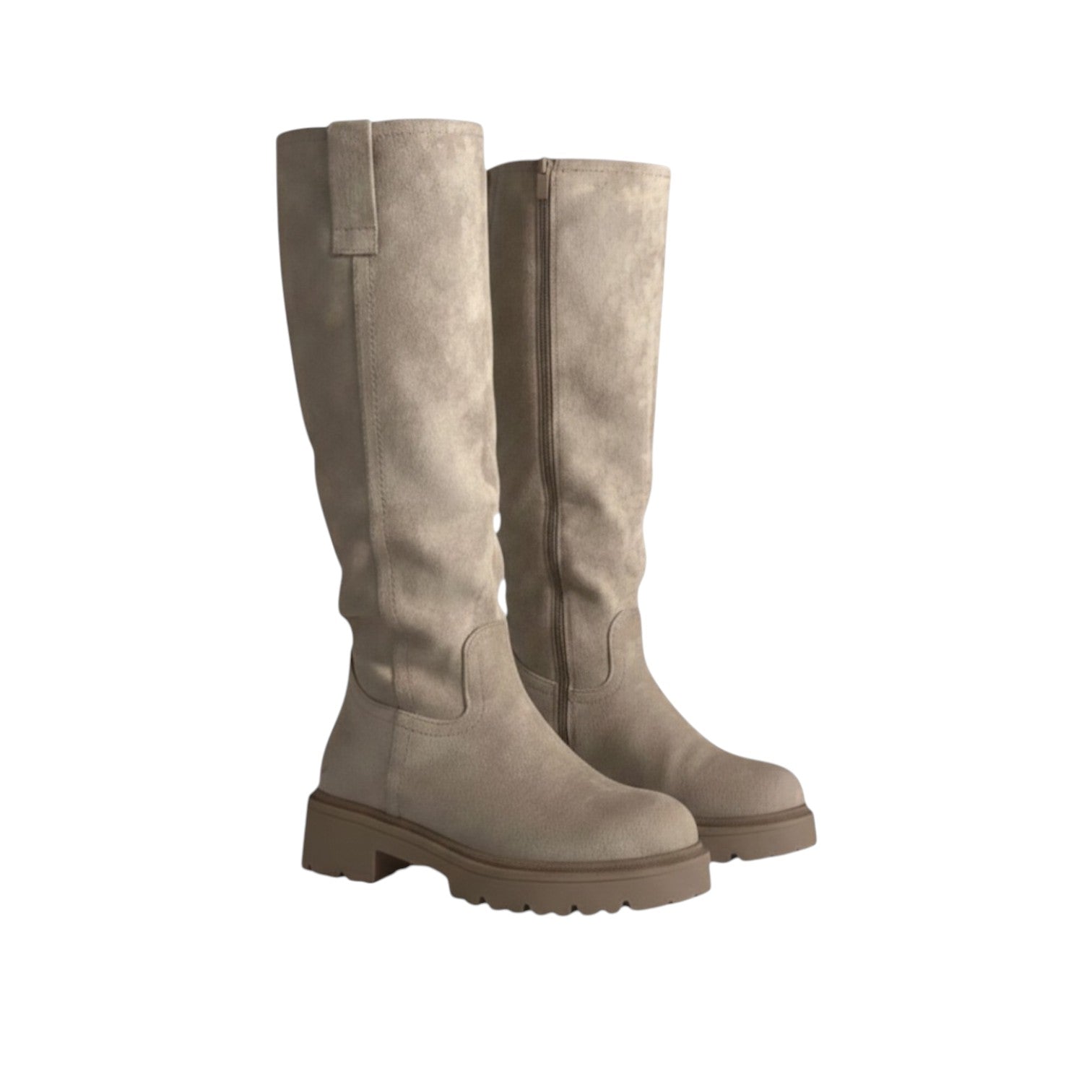 So and Ro beige micro suede knee-high boots with chunky sole and side zipper.