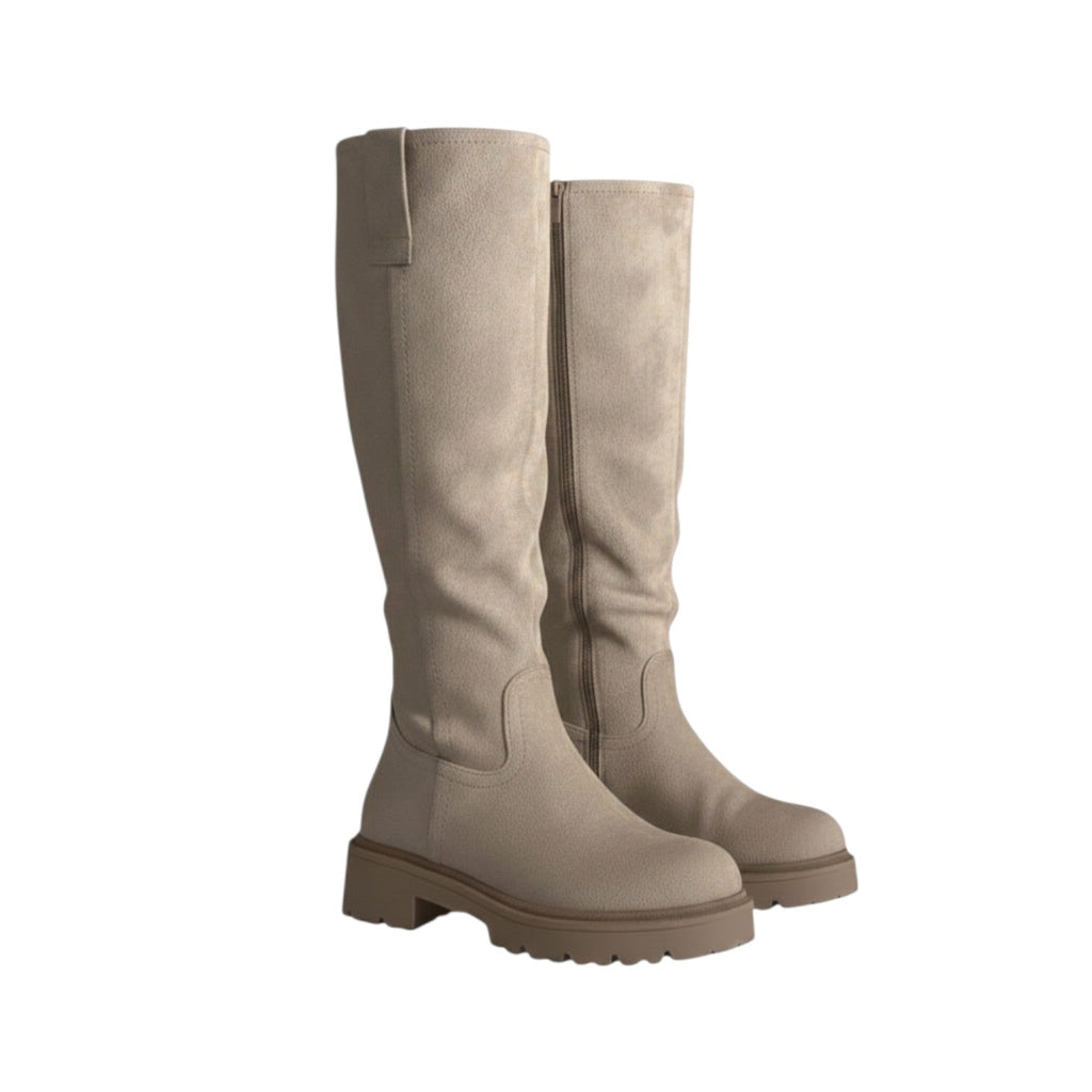 So and Ro beige micro suede knee-high boots with side zipper and chunky sole.