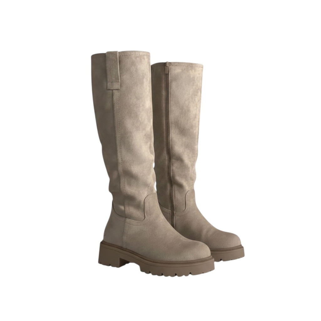 So and Ro beige micro suede knee-high boots with chunky sole and side zipper.