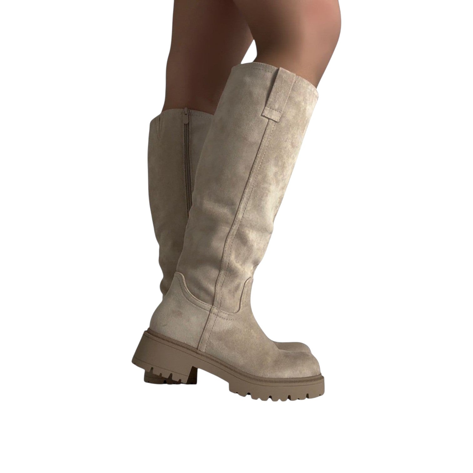 So and Ro beige micro suede knee-high boots with chunky sole and side zipper.