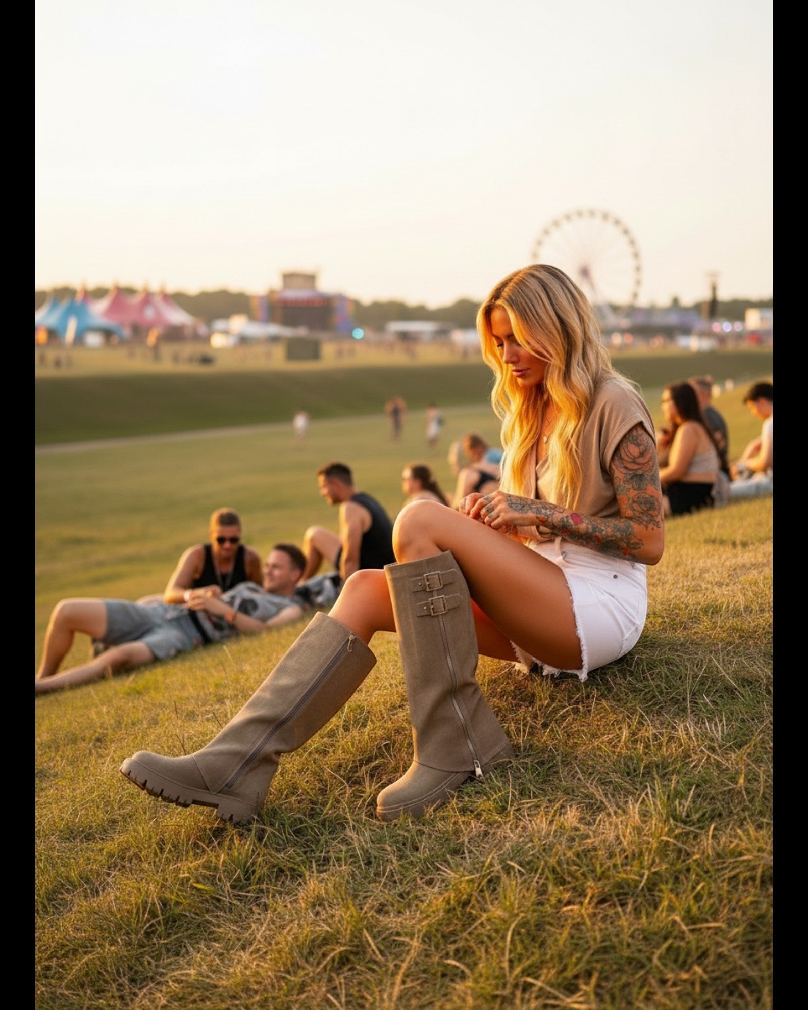 So and Ro beige micro suede tall boots with buckle detail and side zipper, featuring a lug sole.