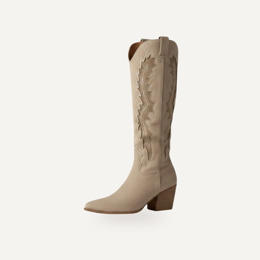 So and Ro beige micro suede Western knee-high boots with intricate embroidery and block heel.