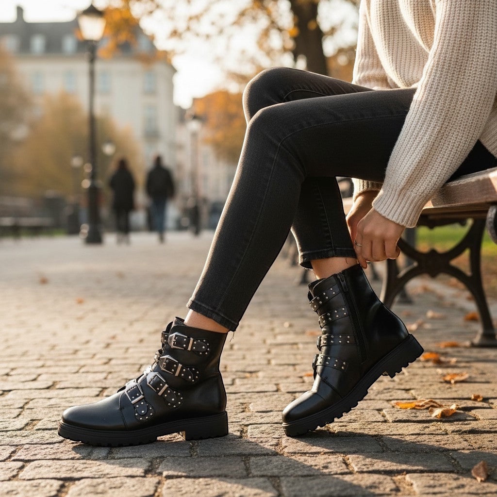 So and Ro black faux leather combat boots with multiple silver buckle straps and stud details, chunky sole.