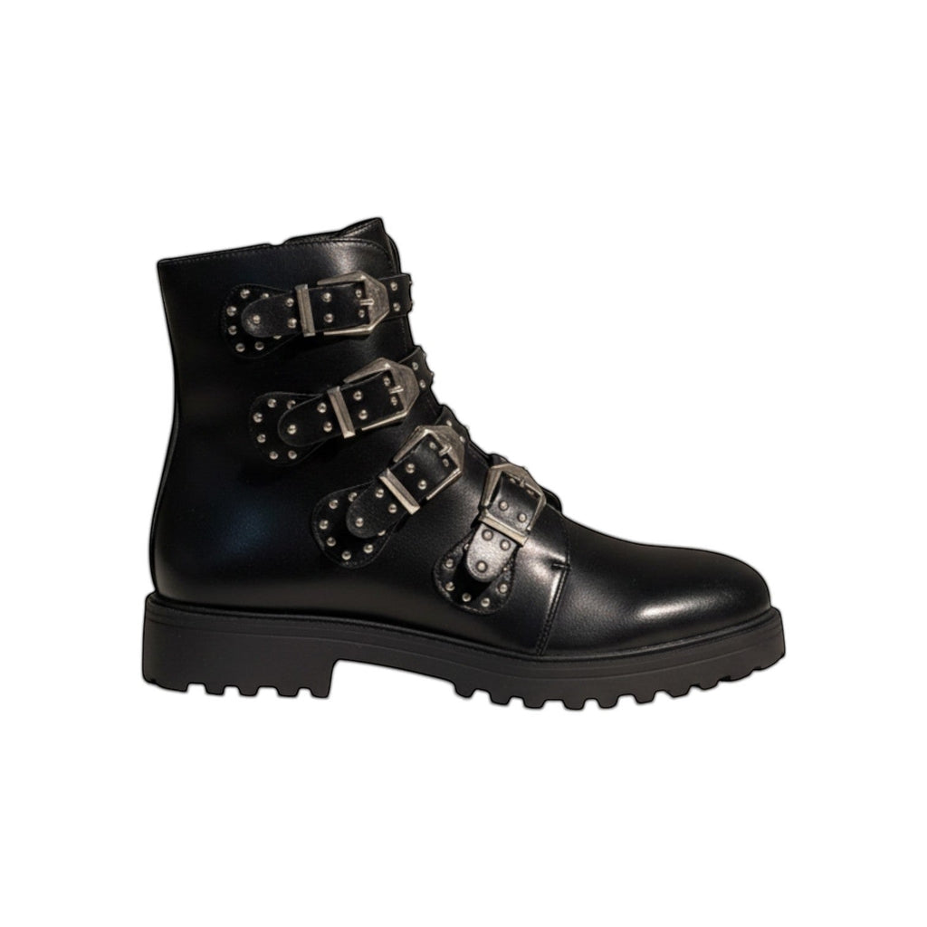 So and Ro black faux leather combat boots with multiple silver buckle straps and stud details on a chunky sole.