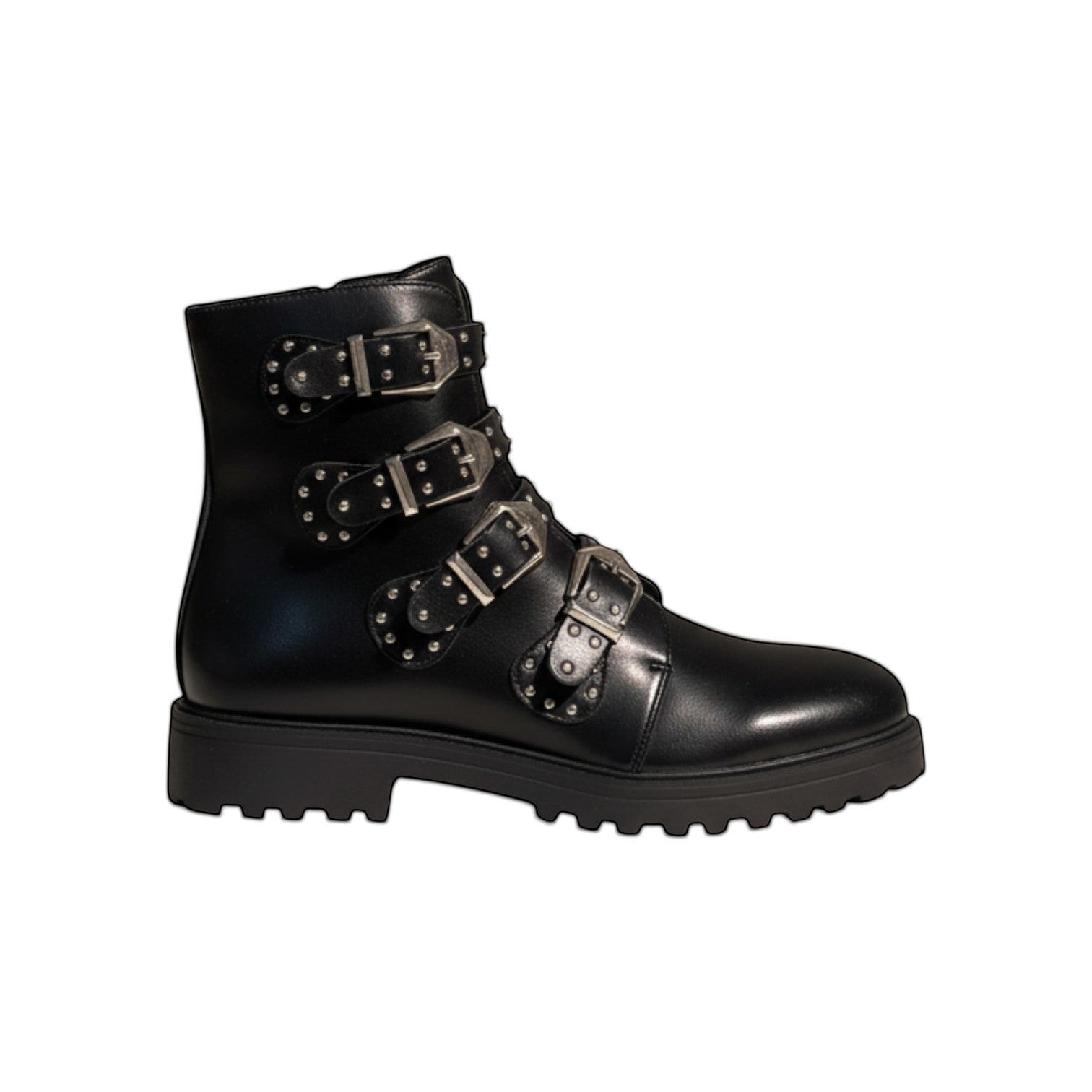 So and Ro black faux leather combat boots with multiple silver buckle straps and stud details on a chunky sole.