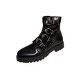 So and Ro black faux leather combat boots with multiple silver buckle straps and stud details, featuring a chunky sole.