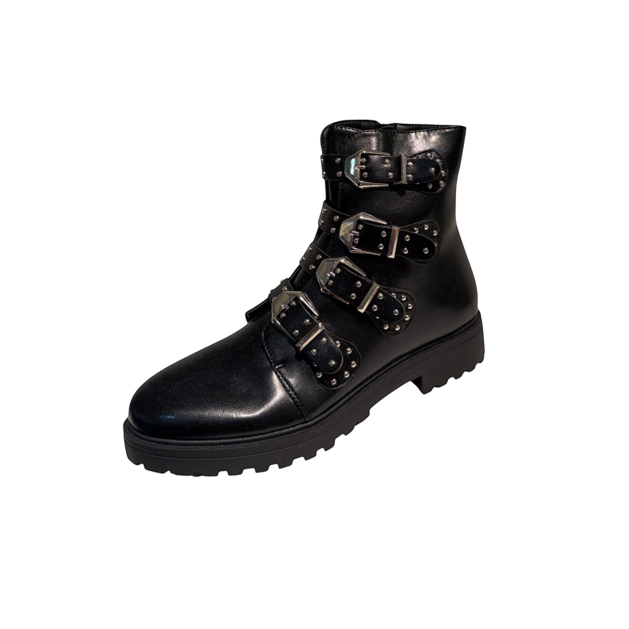 So and Ro black faux leather combat boots with multiple silver buckle straps and stud details, featuring a chunky sole.