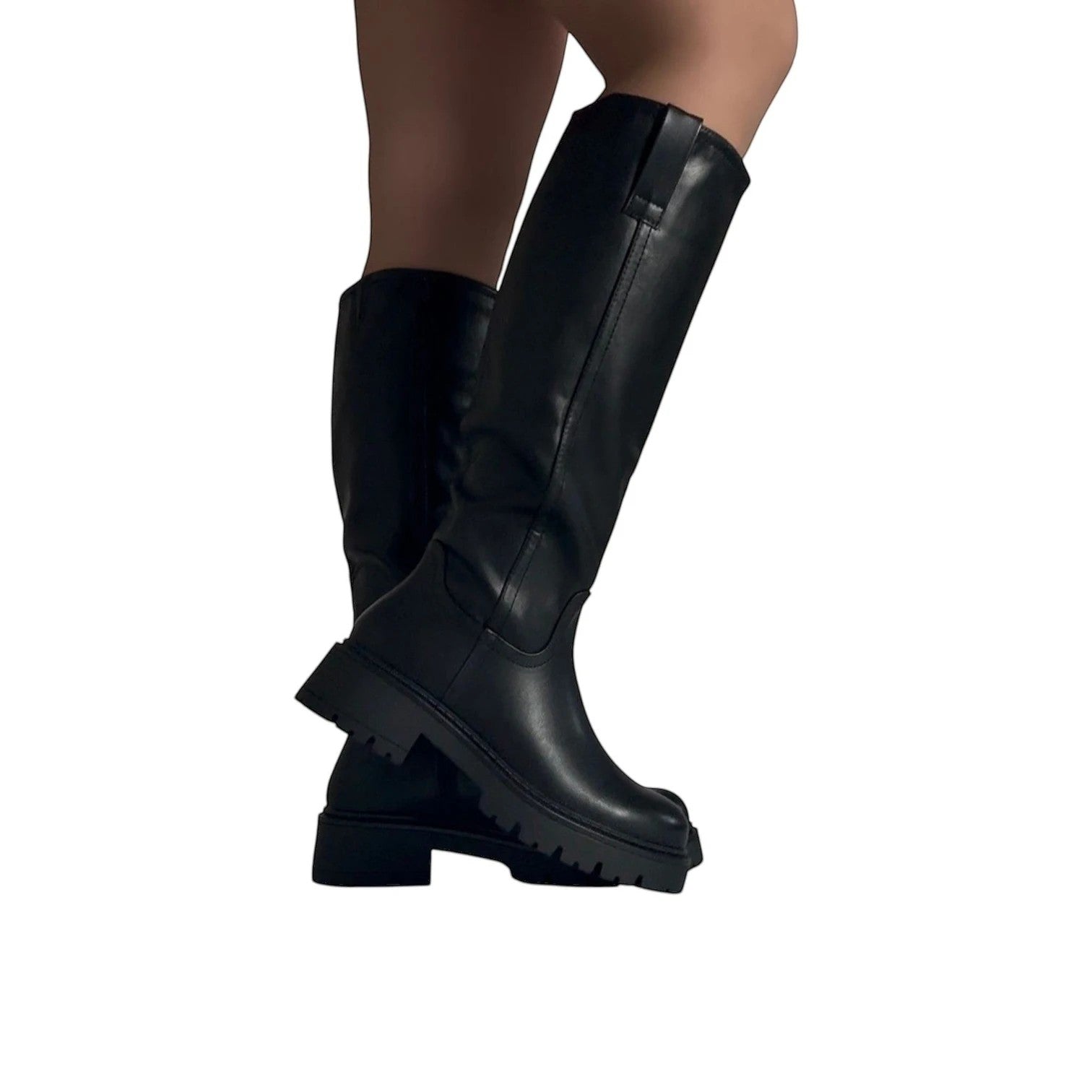 So and Ro black faux leather knee-high boots with chunky lug sole and refined fit, perfect for festivals.