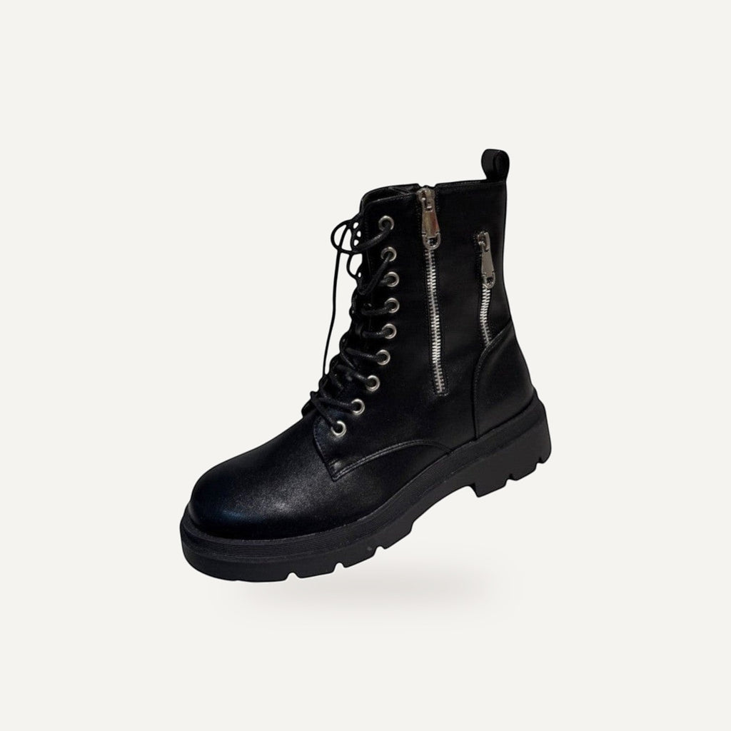 So and Ro black faux leather combat boots with lace-up front, side zippers, and lug sole.