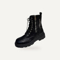 So and Ro black faux leather combat boots with lace-up front, side zippers, and lug sole.