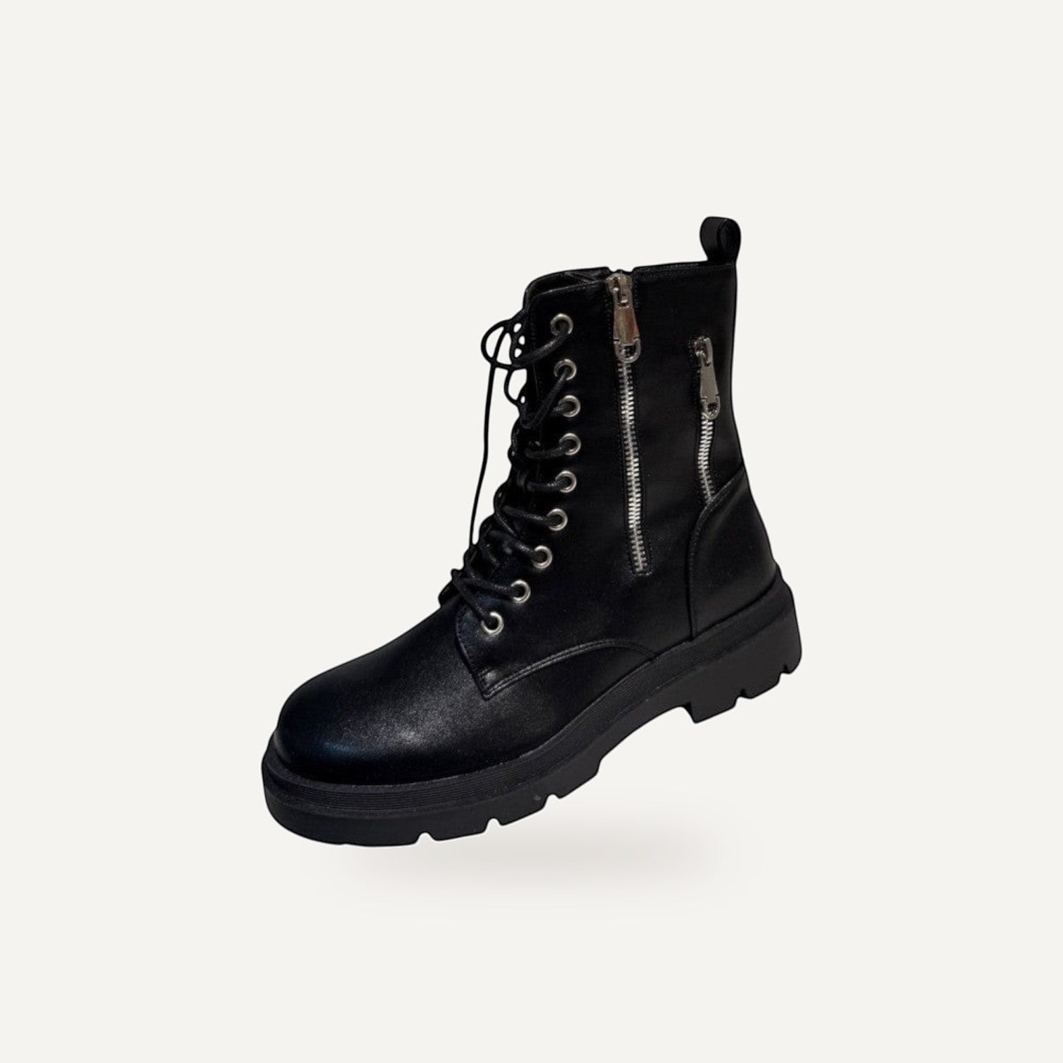 So and Ro black faux leather combat boots with lace-up front, side zippers, and lug sole.