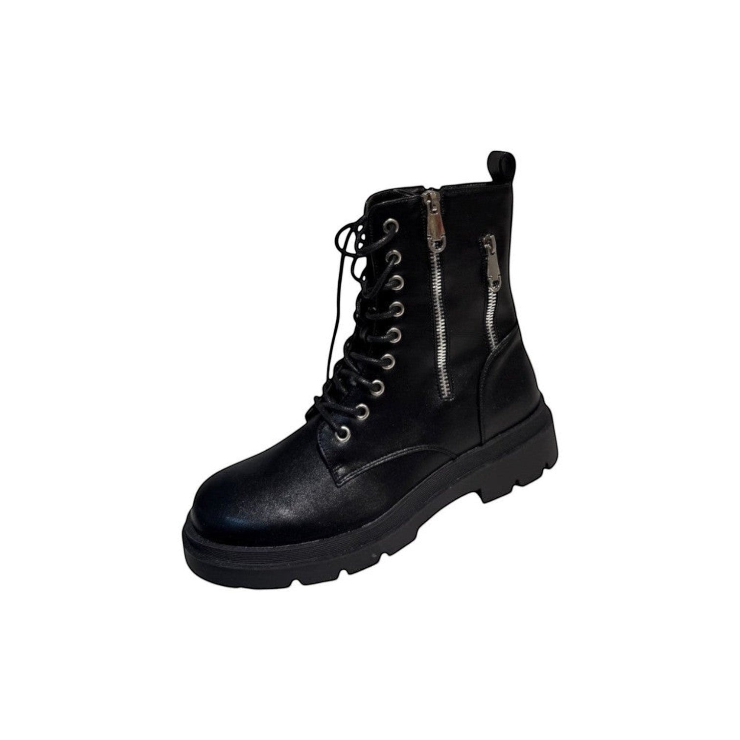So and Ro black faux leather combat boots with lace-up front and side zippers, featuring a chunky lug sole.