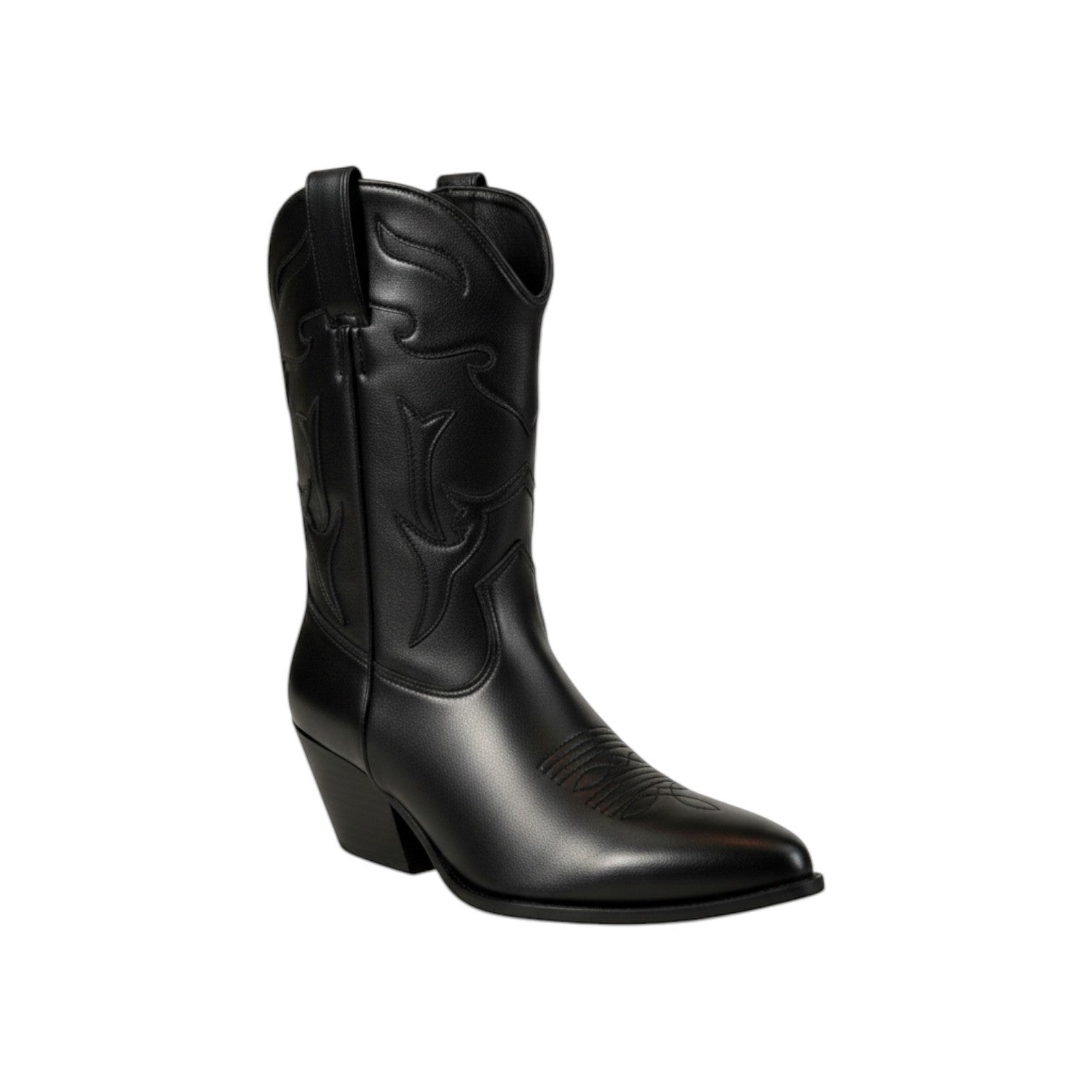 So and Ro black faux leather cowboy ankle boots with pointed toe, intricate stitching, and block heel.