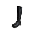 So and Ro black leather knee-high boots with a chunky lug sole and refined fit, perfect for festivals.