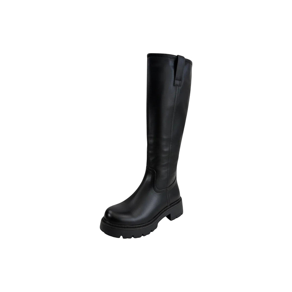 So and Ro black leather knee-high boots with a chunky lug sole and refined fit, perfect for festivals.