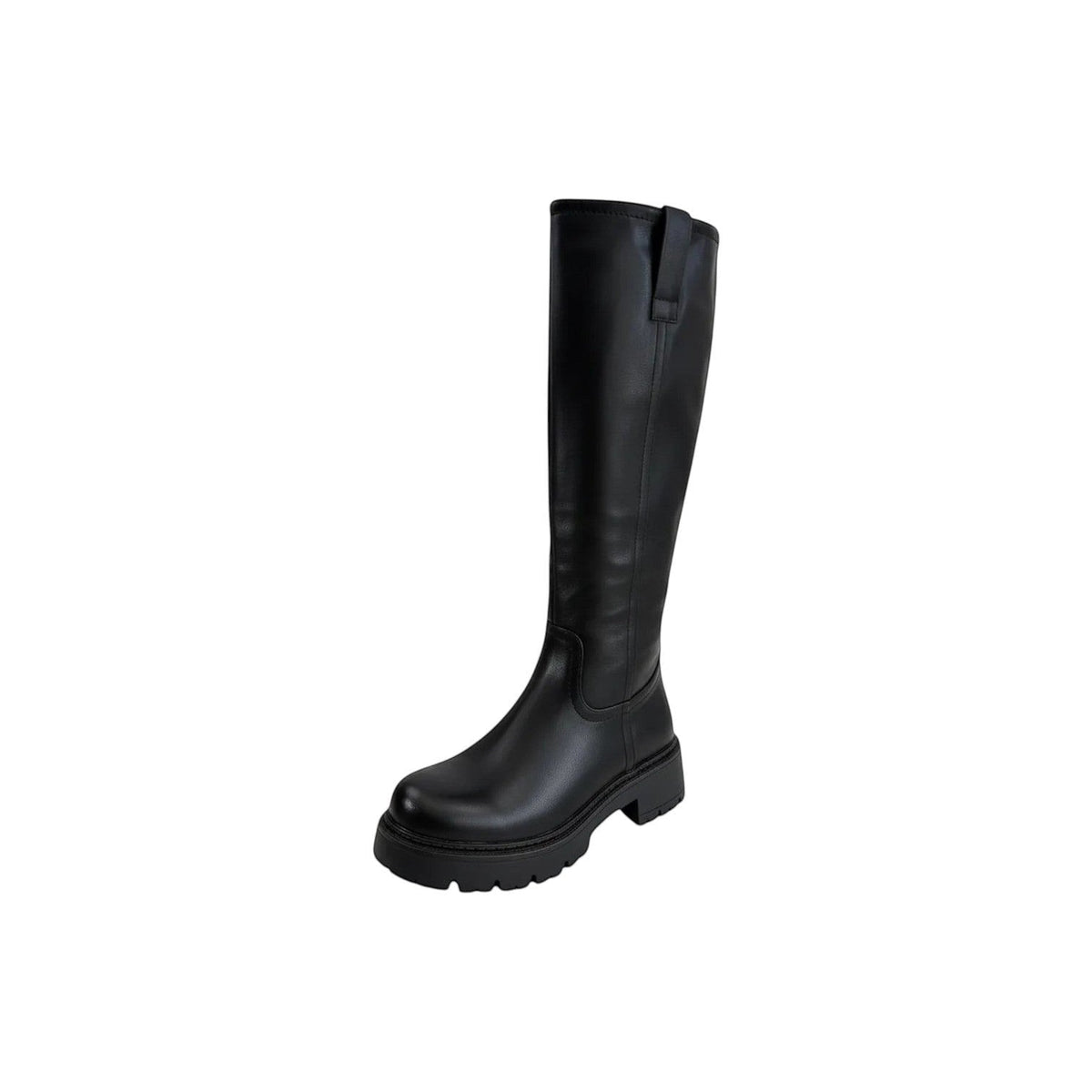 So and Ro black leather knee-high boots with a chunky lug sole and refined fit, perfect for festivals.