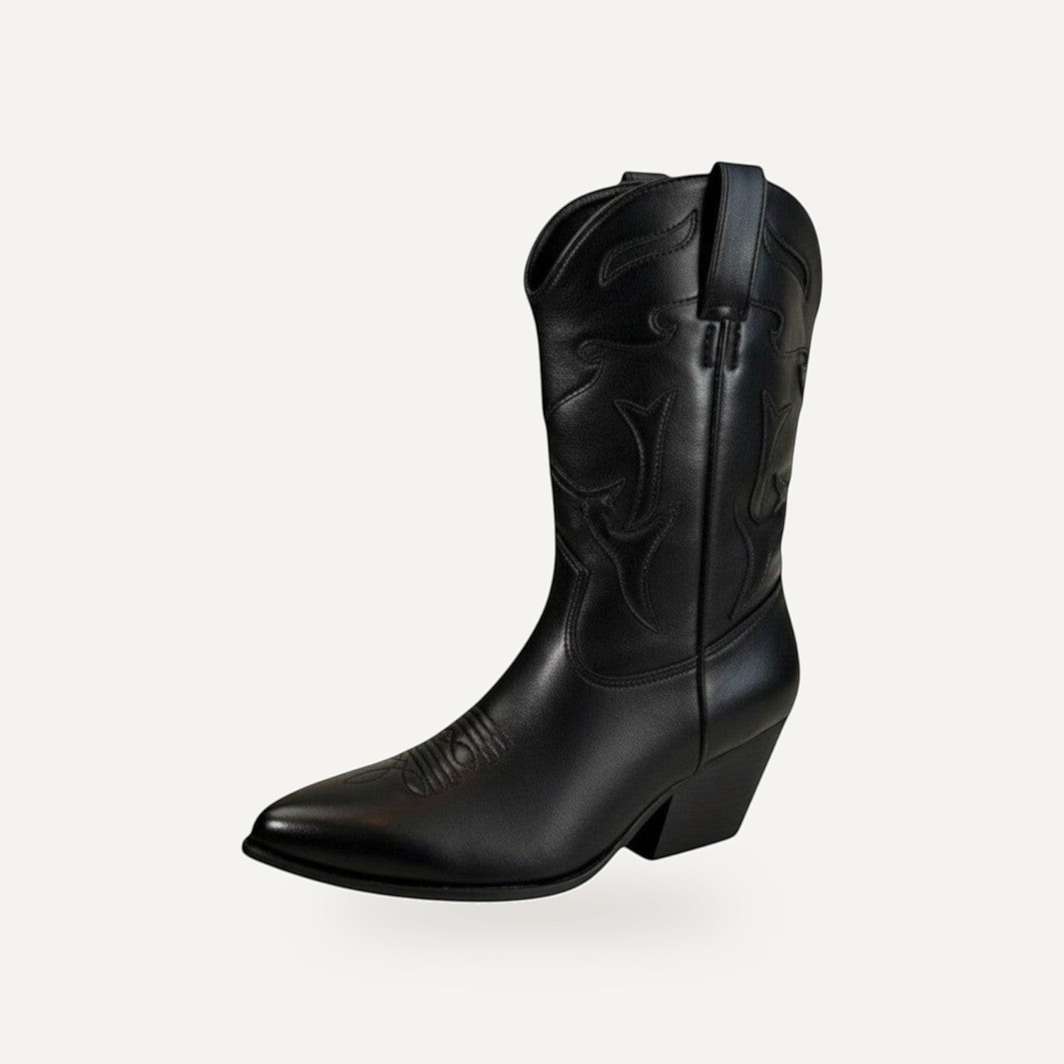 So and Ro black faux leather western cowboy ankle boots with pointed toe and block heel.
