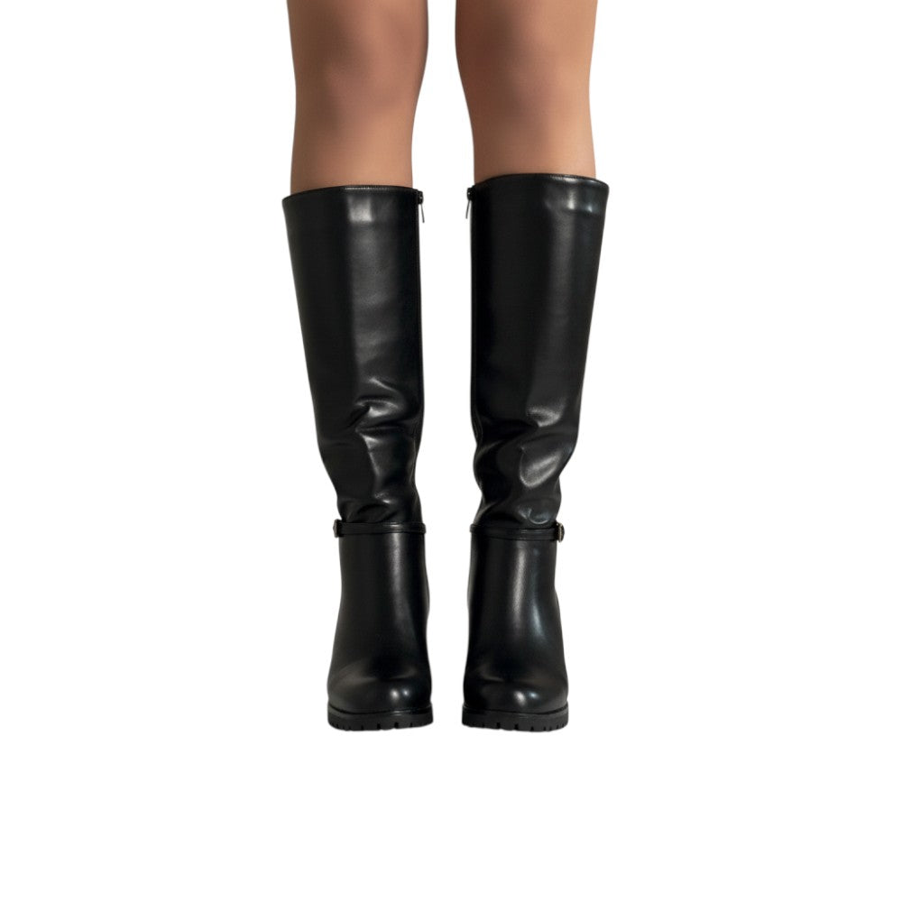 So and Ro black faux leather tall heeled riding boots with side zipper and buckle detail.