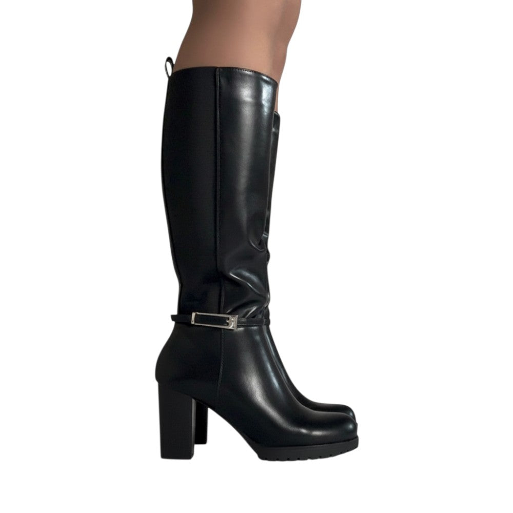 So and Ro black faux leather tall heeled riding boots with side zipper, elasticated back, buckle detail and platform sole.