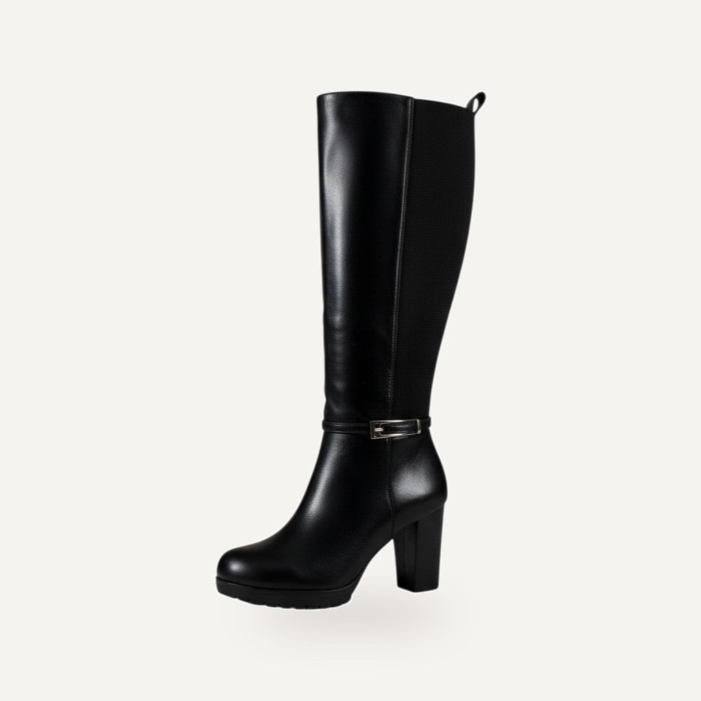 So and Ro black faux leather tall heeled riding boots with side zipper, elasticated back, and buckle detail.