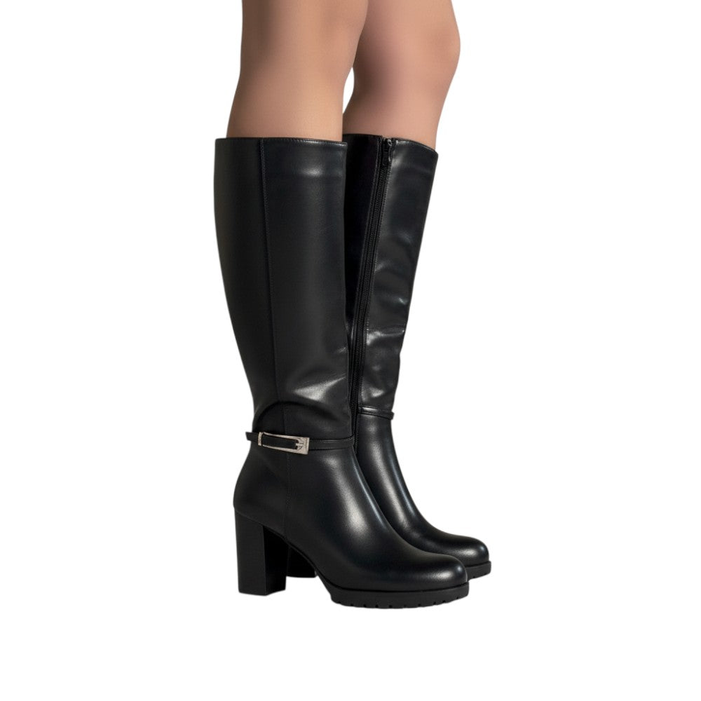 So and Ro black faux leather tall heeled riding boots with side zipper, elasticated back, and buckle detail.