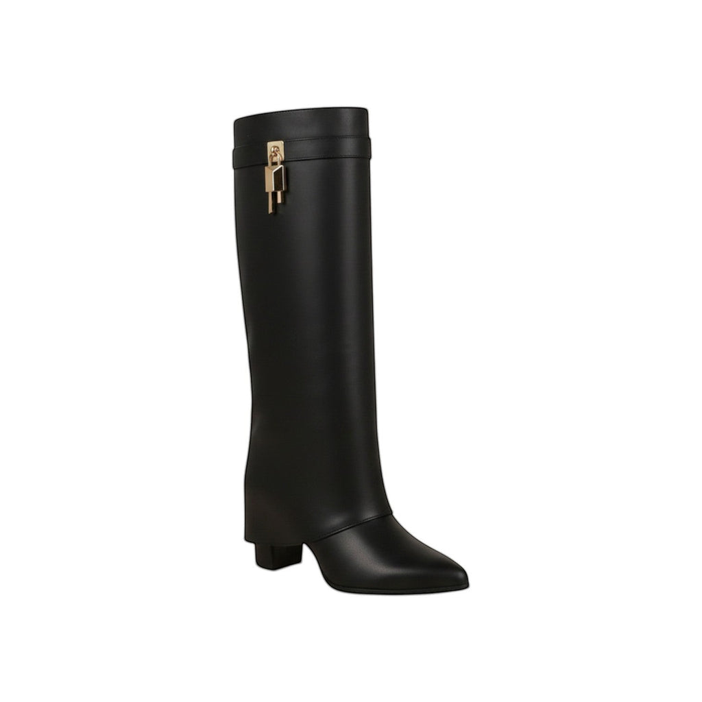 So and Ro black faux leather tall pointed toe boots with gold buckle accent and block heel.