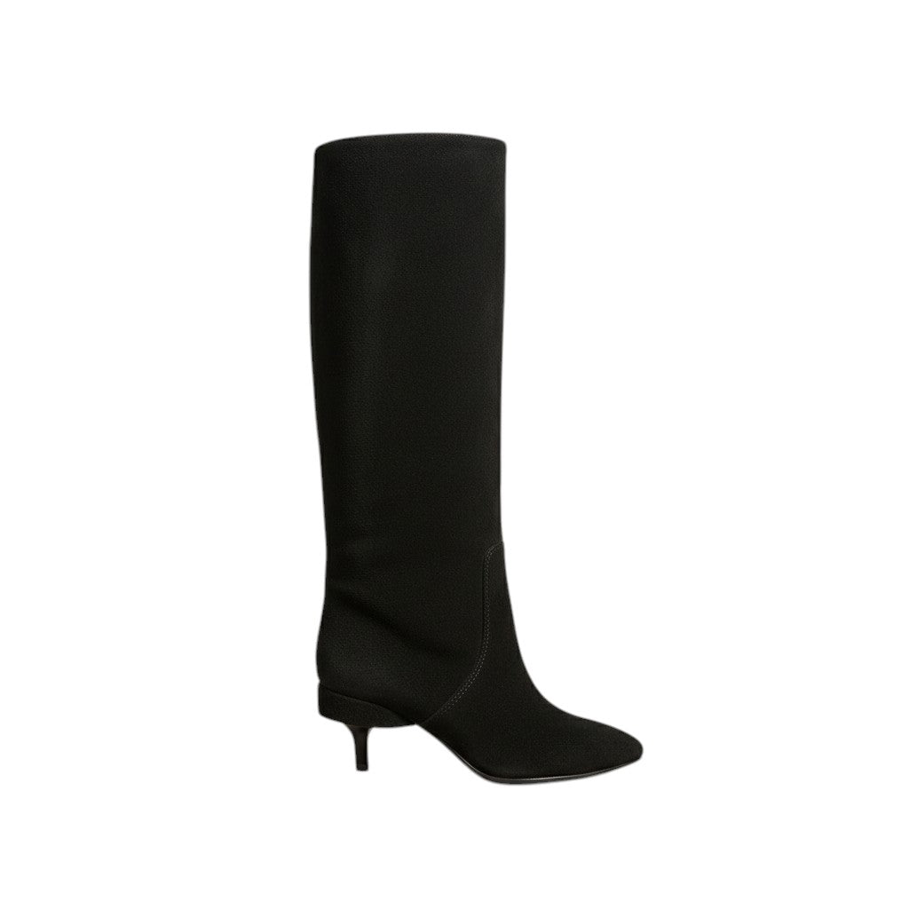 So and Ro black suede-like fold-over knee-high boots with pointed toe and kitten heel.