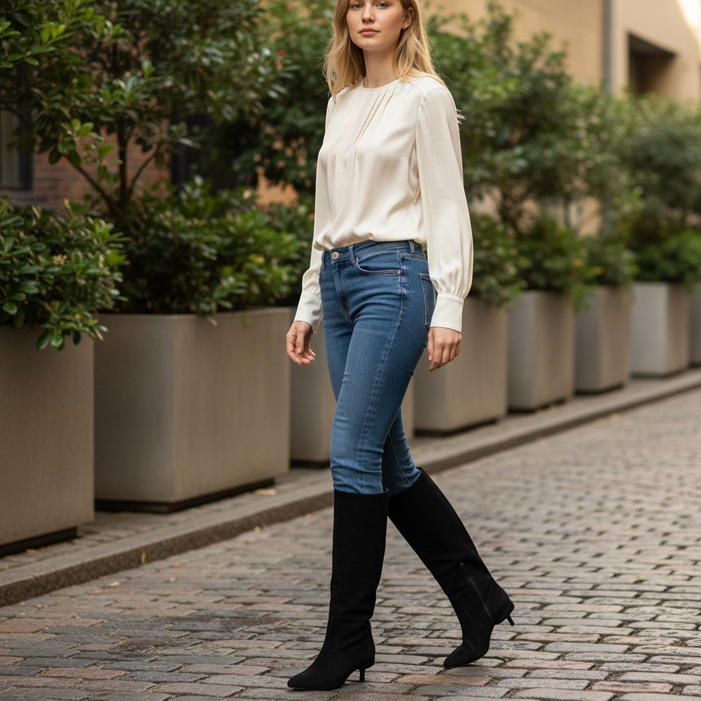 Zwarte hoge hakken dames - Fold Over Knee High Boots met suède look en stiletto hak